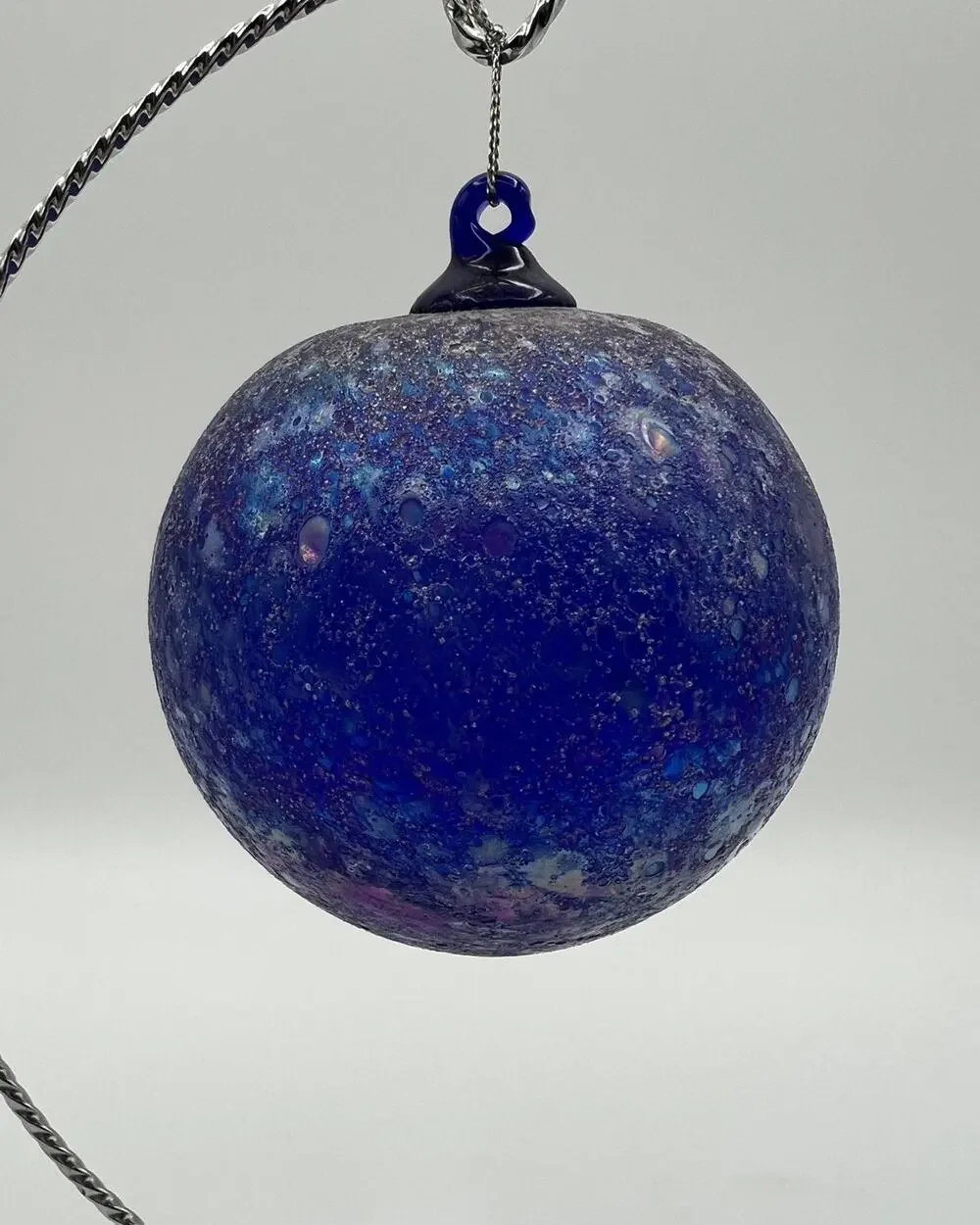 Hand Blown Art Glass Cobalt Blue Iridescent Textured 4” Hanging Ornament Orb